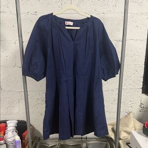 Navy Blue Puff Sleeve Dress ONE SIZE 100% Cotton BRAND NEW